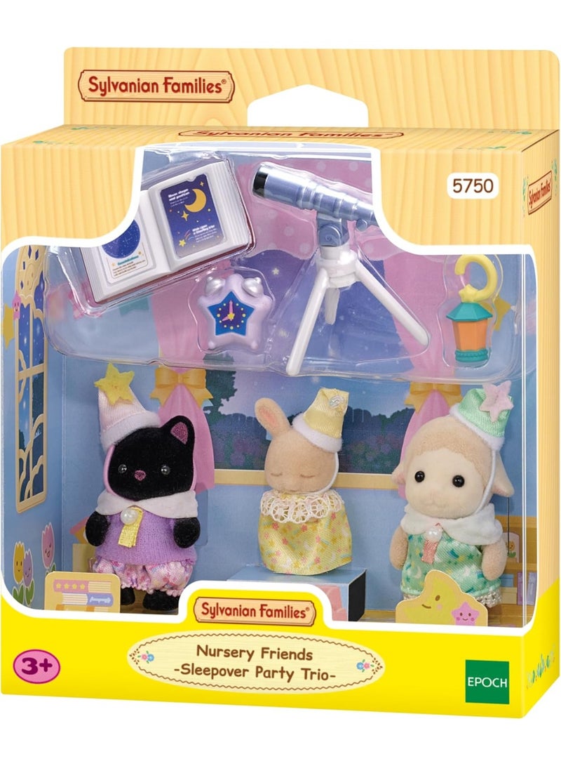 Sylvanian Families Kindergarten Friends Sleepover Party Trio – Mini Dolls Set with Accessories, Pretend Play Toys for Kids, Imaginative Roleplay, Dollhouse Fun - Image 1